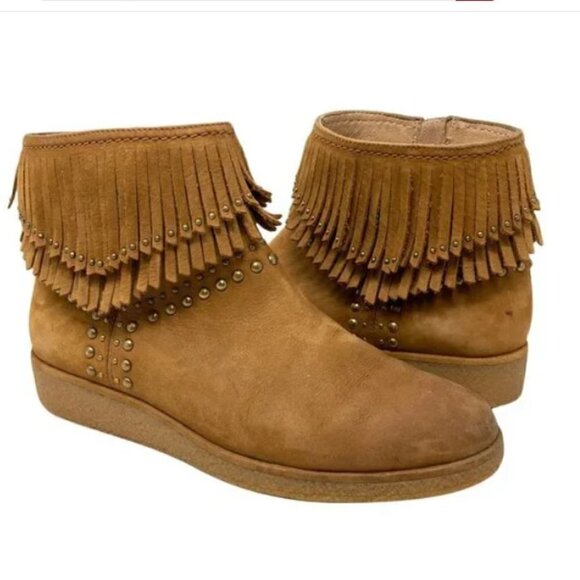 UGG Ariane Chestnut Leather Studded Fringe Wedge Ankle Boots - Size 8.5 - Picture 1 of 13